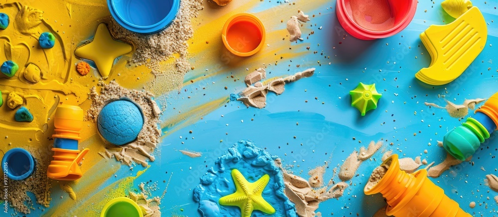 Poster multicolored children s toy set for summer activities in a sandbox or at the sandy beach on a blue a