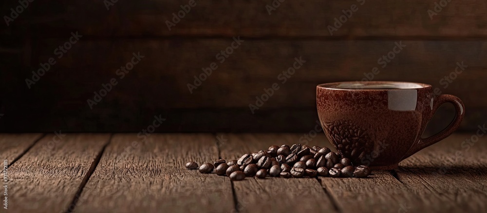 Aufkleber coffee beans and a cup of coffee on the table. with copy space image. place for adding text or desig