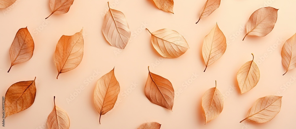 Aufkleber autumn leaves in a dried state on a pastel background flat lay top view copy space