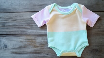 A cute baby onesie in light pastel colors, neatly folded and placed on a wooden surface, [baby onesie], [soft and adorable]
