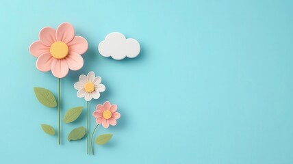 Charming paper flowers and cloud illustration on a blue background, perfect for spring themes and creative projects.