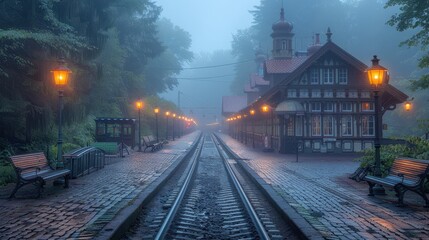 Fototapeta premium Foggy Train Station with Cobblestone Path and Lanterns
