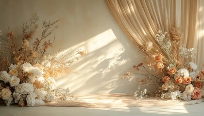 Design a dreamy boho wedding background with draped neutral beige linen. Abstract floral sunlight shadows should provide a sophisticated and ethereal touch