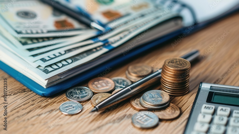 Poster a stack of cash, coins, and a notebook filled with calculations are arranged on a wooden desk, sugge
