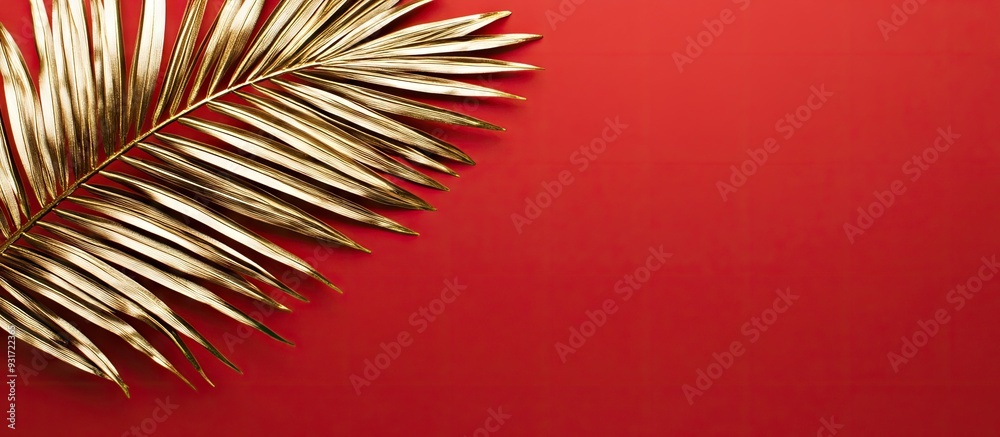 Aufkleber Shiny gold glossy palm tree leaf isolated on a red background Flat lay top view with copyspace Minimalist fashion idea