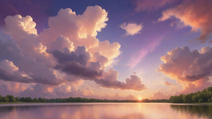 a summer atmosphere with soft clouds and a colorful sky with hues of orange, pink and purple