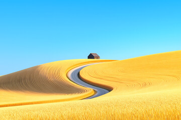 Naklejka premium Golden Wheat Fields Ready for Harvesting Under a Clear Blue Sky, Rolling Hills, Distant Barn, and Gently Curving Path, 8K High Resolution, Realistic Image, Professional Photography