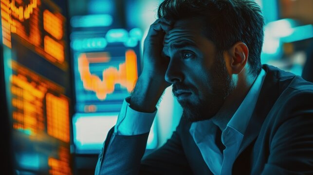 Businessman Staring at Computer Screens