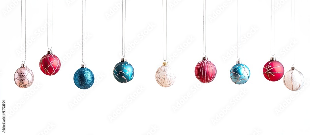 Poster colorful christmas ornaments suspended on a string against a white background with copy space