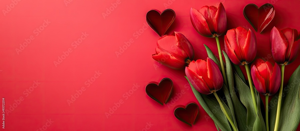 Poster red tulip flowers with paper hearts on a pink background concepts for valentine s day women s day an