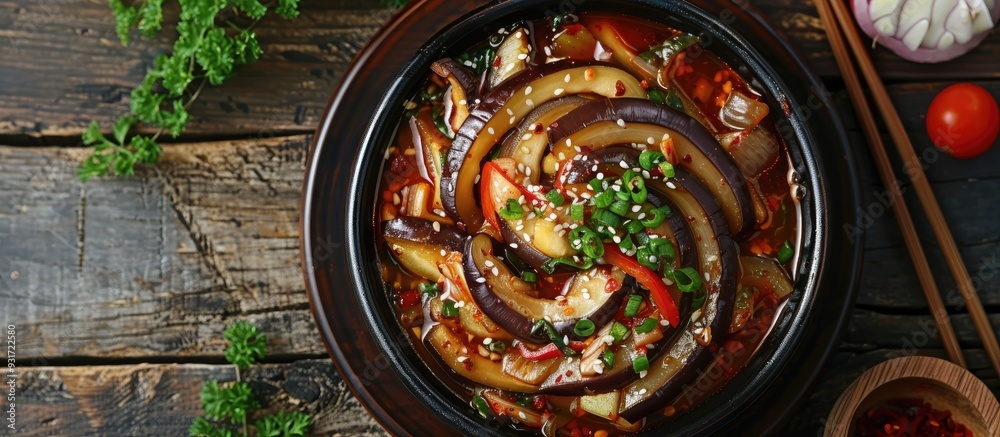 Poster spicy hot stew with eggplant in korean style and green onion sauteed aubergine vegan dish flat lay t