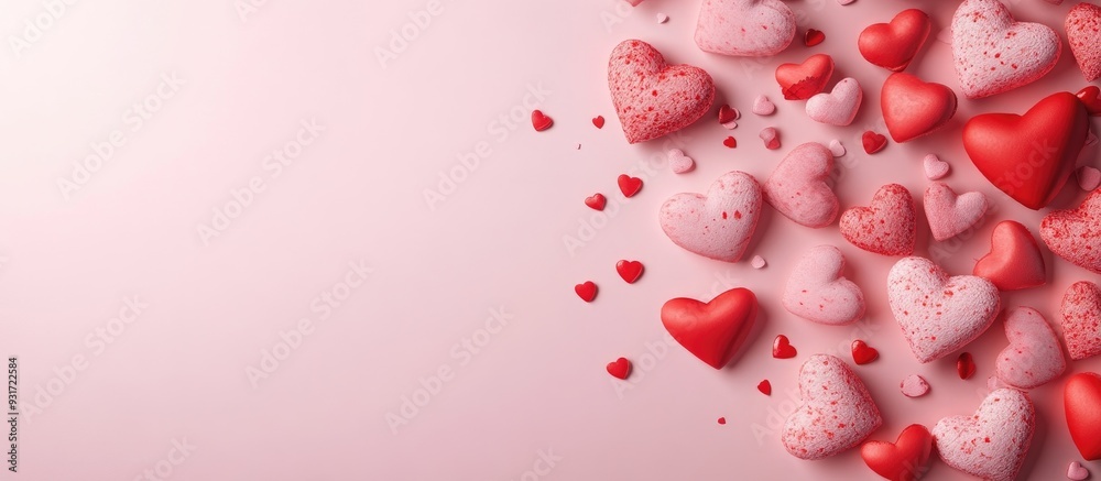 Poster Valentine s Day love flat lay backdrop with hearts. with copy space image. Place for adding text or design