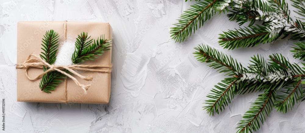 Poster kraft paper box and fir branch on the snow. with copy space image. Place for adding text or design