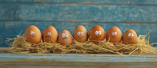 A few brown eggs with humorous faces sit atop a pile of straw set against a blue rustic wooden backdrop with blank space above. with copy space image. Place for adding text or design