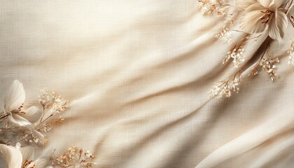 Create a chic boho wedding background with a smooth neutral beige linen fabric. Include abstract floral patterns illuminated by sunlight to achieve an artistic and elegant look