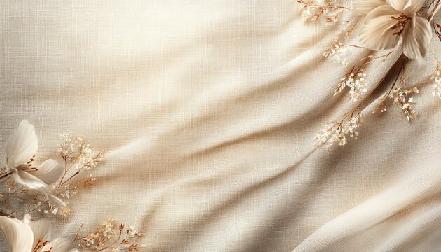 Create a chic boho wedding background with a smooth neutral beige linen fabric. Include abstract floral patterns illuminated by sunlight to achieve an artistic and elegant look