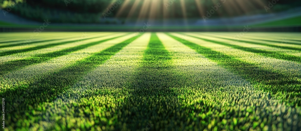 Poster striped texture of a soccer football grass field background with copy space