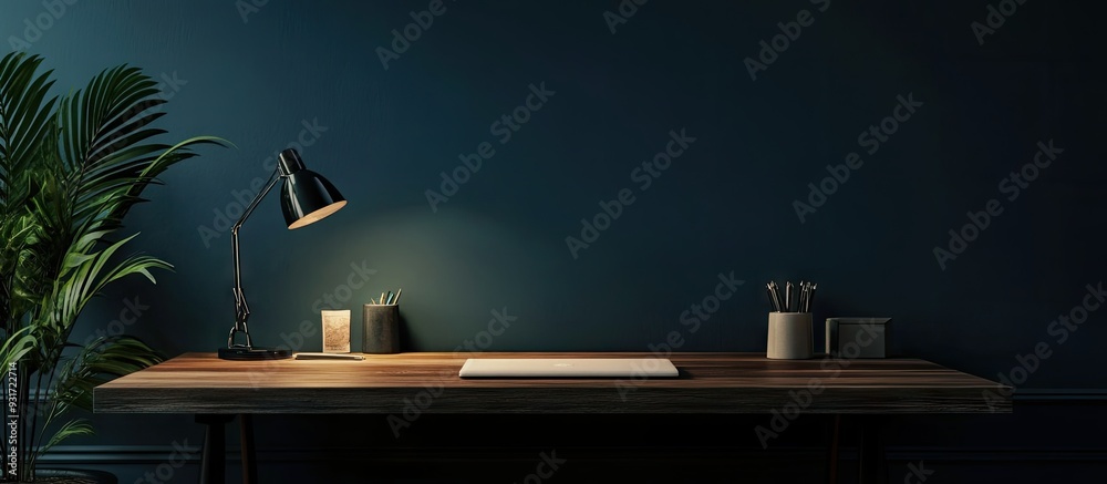 Poster Workstation wooden desk. with copy space image. Place for adding text or design