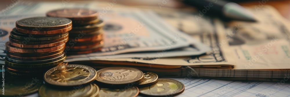 Fototapete a stack of cash and coins rests beside an open notebook filled with notes and calculations for budge