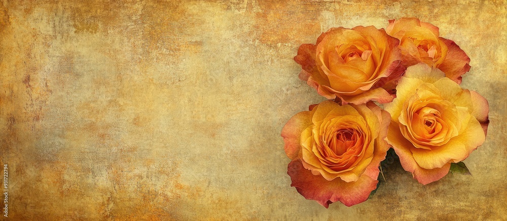 Aufkleber textured vintage paper backdrop featuring variegated yellow and orange roses. with copy space image. Place for adding text or design