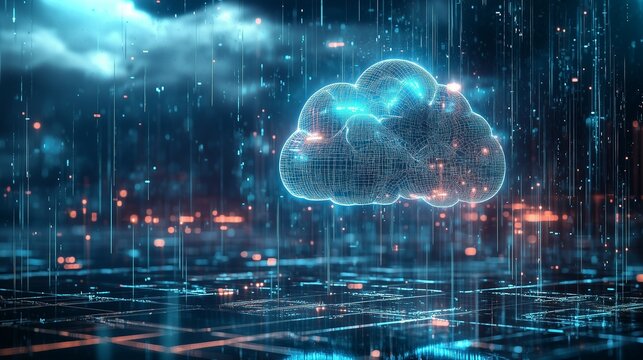Digital cloud and data streams representing ai weather forecasting technology.