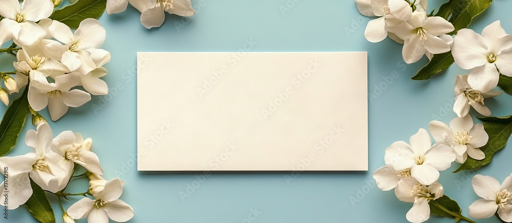 Poster Blank card and lovely jasmine flowers on a colored background. with copy space image. Place for adding text or design