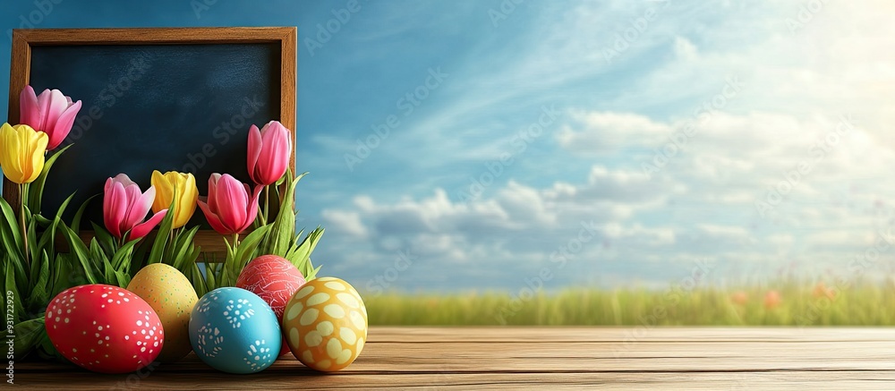 Poster Colorful Easter eggs and tulips over a wooden sky background with a chalkboard for placing text. with copy space image. Place for adding text or design