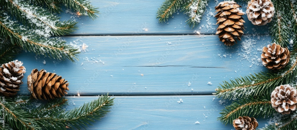 Poster Winter Christmas background featuring fir branches cones and snow on a blue wooden texture. with copy space image. Place for adding text or design