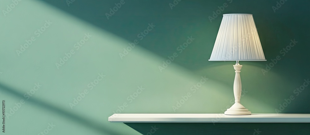 Poster Table and lamp against a green wall backdrop. with copy space image. Place for adding text or design