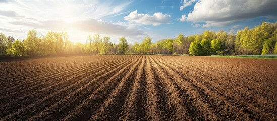 Agricultural field tilled in spring Farmland prepared for the upcoming cultivation season. with copy space image. Place for adding text or design