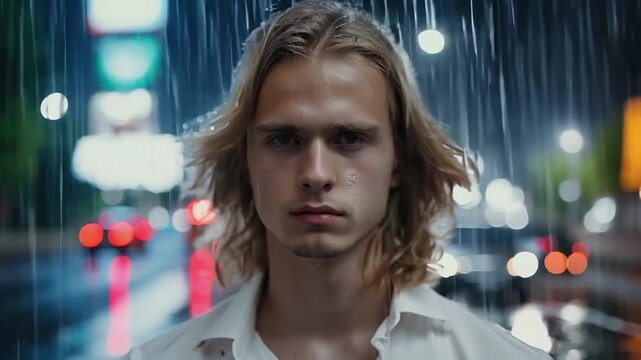 Man standing on a street at night in the rain