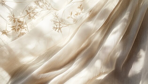 Create an ethereal boho wedding textile background featuring gently draped neutral beige linen. Add abstract floral patterns with delicate sunlight shadows for an artistic finish