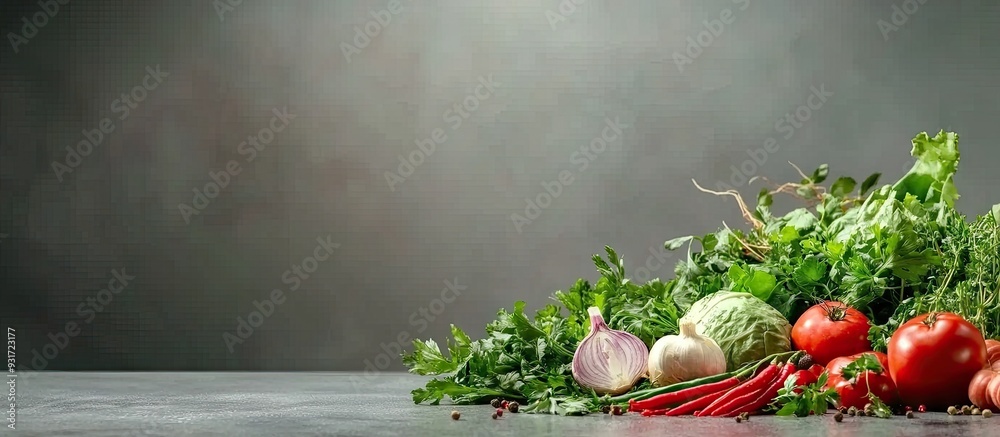 Poster start diet today arrangement of organic food fresh raw vegetables and herbs. with copy space image. 