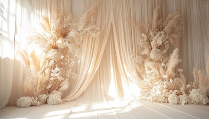 Create a chic boho wedding backdrop with softly draped neutral beige linen. Abstract floral patterns illuminated by sunlight should add a touch of refinement and elegance