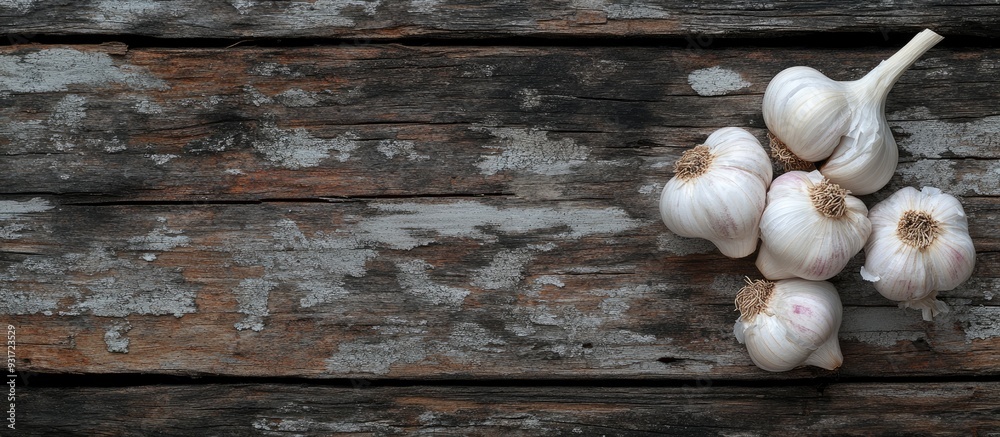 Aufkleber garlic bulbs on weathered wood. with copy space image. Place for adding text or design