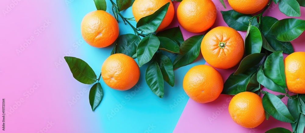 Poster numerous fresh ripe mandarins with green leaves on a colorful background top view copyspace availabl