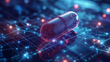 A digital representation of a pill on a network background symbolizes ai-driven precision medicine.