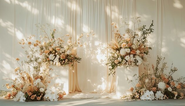 Generate a sophisticated boho wedding backdrop with smooth neutral beige linen. Incorporate abstract floral sunlight shadows to enhance the texture and elegance
