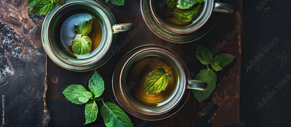 Leinwandbilder two mugs of green tea viewed from above. with copy space image. place for adding text or design