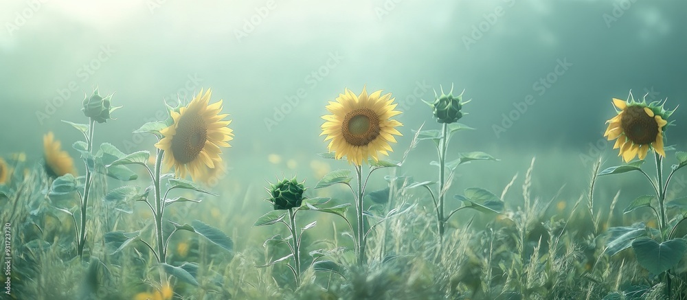 Poster field of sunflowers in morning mist meadow shrouded in fog morning fog over the field. with copy spa