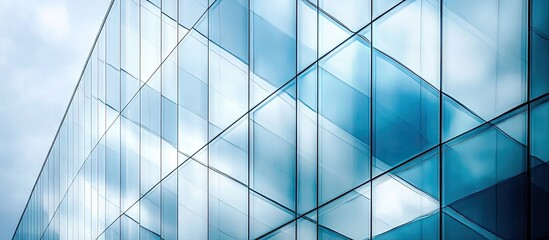 Fototapeta premium Abstract close up of the glass covered exterior of a contemporary building featuring reflective plate glass Architectural abstract backdrop Detail of glass walls and facade. with copy space image