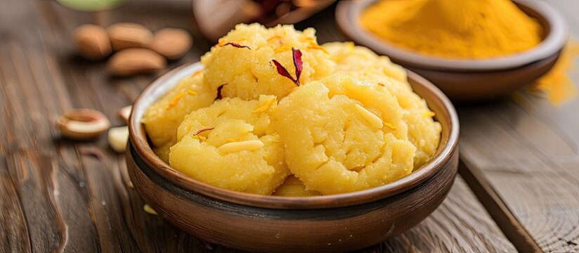 Rava kesari Kesari bath sheera or suji halwa are Indian sweets or mithai for Diwali Pongal Dussehra and Ugadi celebrated in Karnataka Tamil Nadu and other South Indian regions. with copy space image