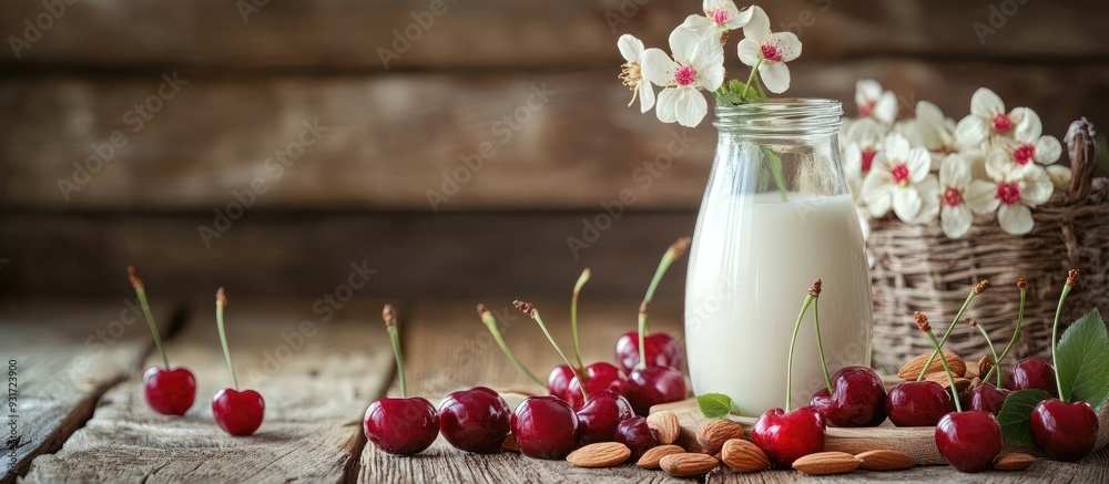 Fototapete nutritious breakfast featuring cherries almonds and milk on a wooden surface. with copy space image.