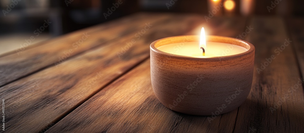 Poster Close up of a spa candle on a wooden surface. with copy space image. Place for adding text or design