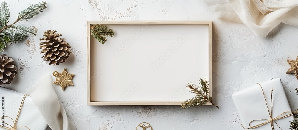 Aufkleber Festive backdrop featuring a blank white photo frame on a beige pastel surface Mockup for a photo or text Top view Flat lay style. with copy space image. Place for adding text or design