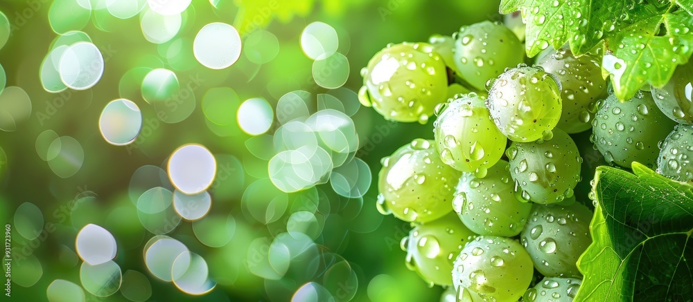 Poster abstract background of wet glass featuring raindrops and grape leaves selective focus on the raindro