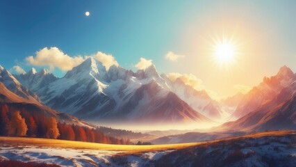 Bright sun over a mountain landscape, warm and peaceful.-