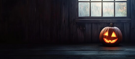 Obraz premium Halloween pumpkin in a dim barn by a wooden window Eerie backdrop for a Halloween celebration poster Copy space