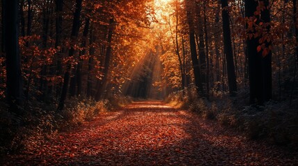 Fototapeta premium A serene autumn forest pathway illuminated by sunbeams filtering through the trees, creating a warm and peaceful atmosphere. 