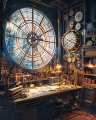 Obraz premium Steampunk Workshop with Stained Glass Window and Clockwork Devices